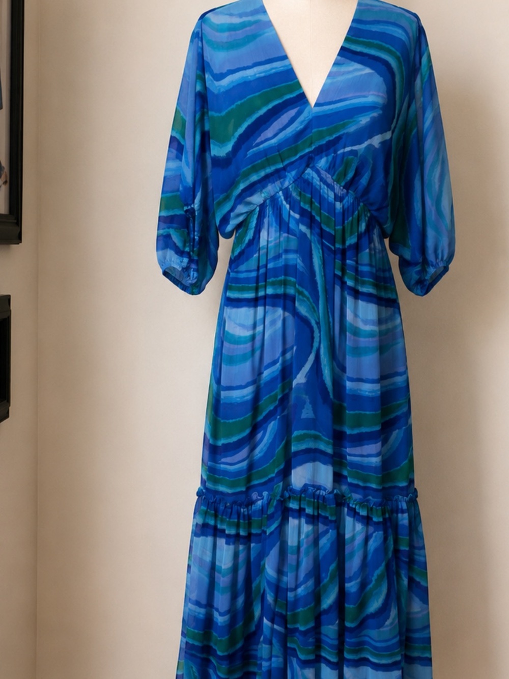 Taylor Blue & Green Wave-Print V-Neck Maxi Dress